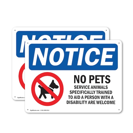 Signmission No Pets Service Animals Allowed, 24 in W x Rectangle, Plastic OS-2PACK-NS-P-1824-L-16173